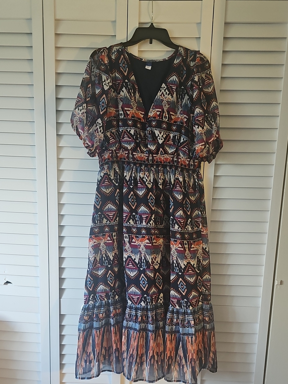 Old Navy Navy Midi Dress with Multi-Color Aztec Print